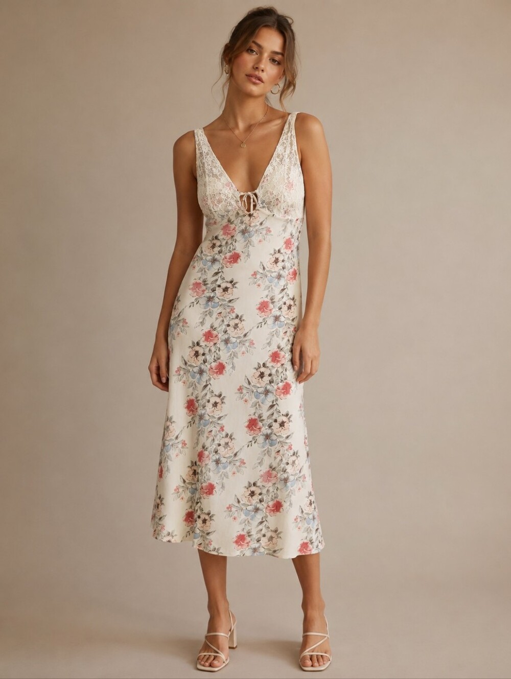 NWT Kirious Los Angeles Floral Midi Dress Size L Lace Bodice V Neck